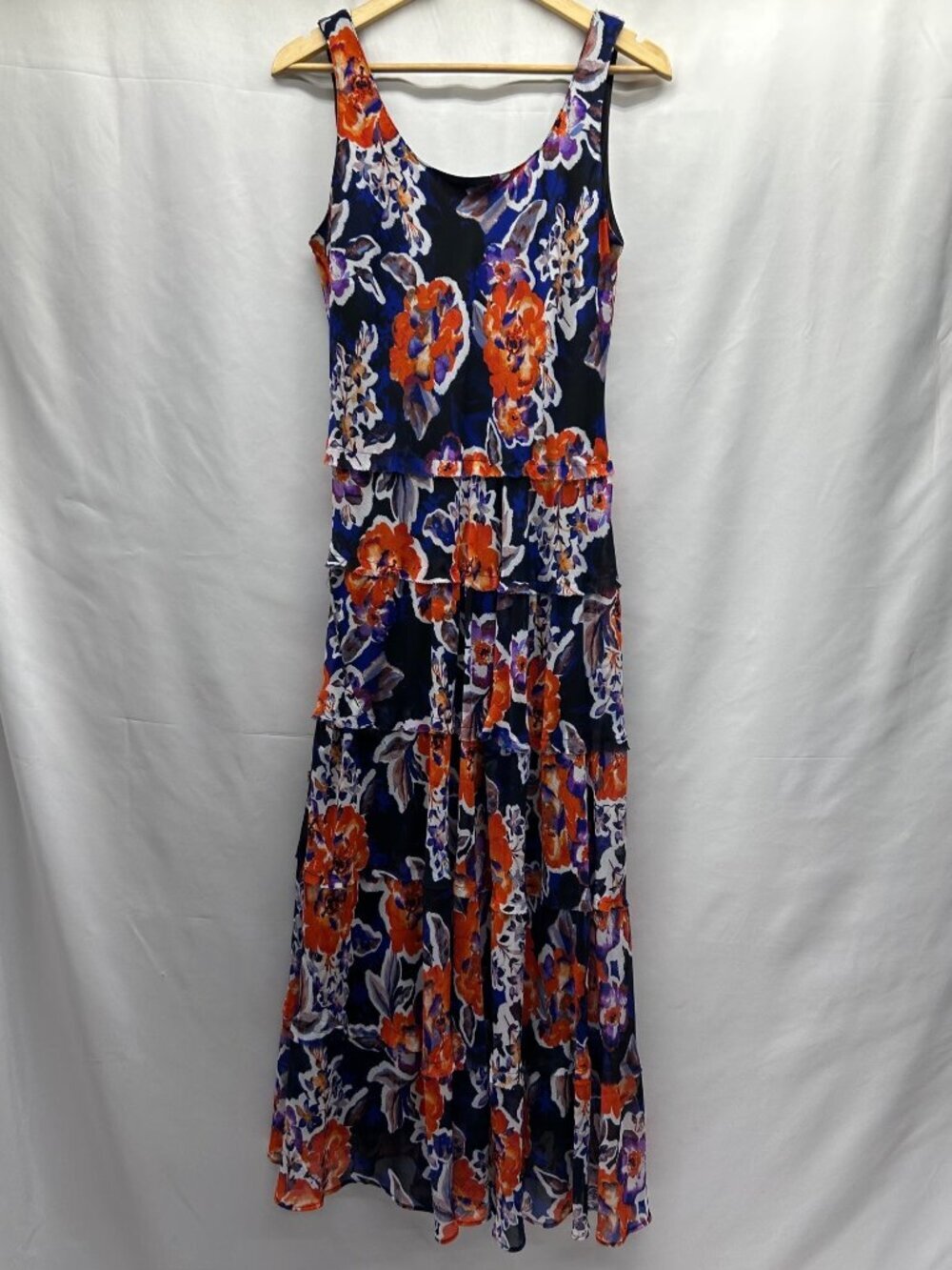 JONES STUDIO Maxi Dress Size 6 Orange/Blue Floral Tiered Ruffle Design